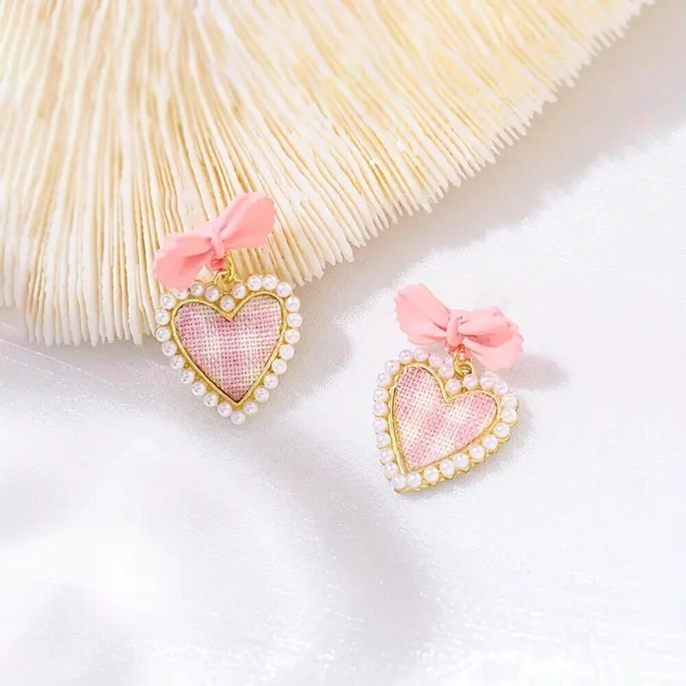 NEW pink checkered bow earrings coquette bow jewelry pink bow dangle earrings - Picture 2 of 4